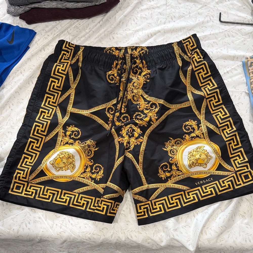 Versace Black & Gold Baroque Medusa Swim Shorts